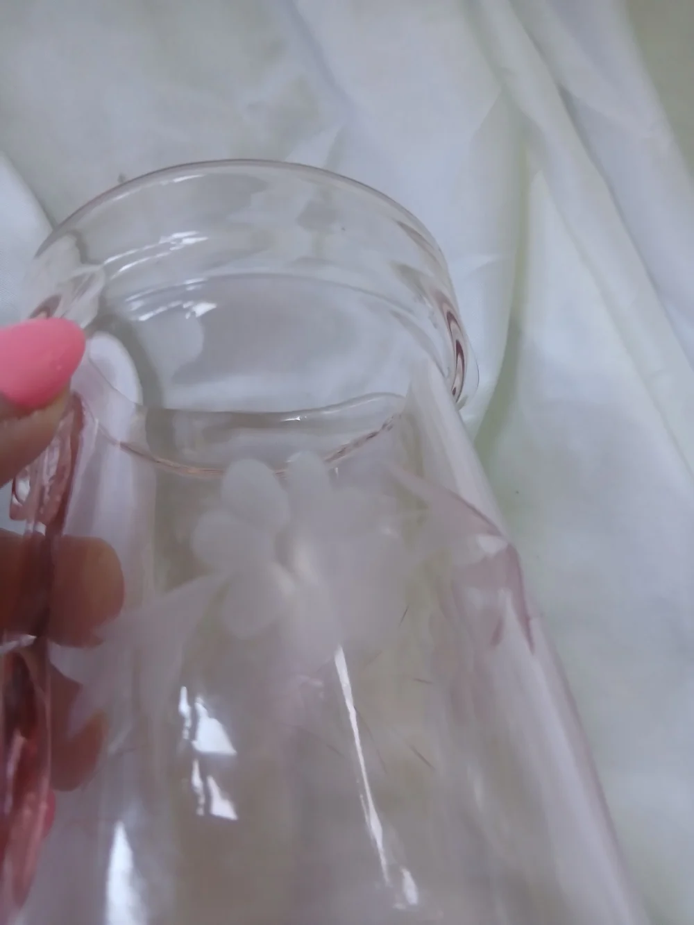 Pink Floral Etched Glass  w/ Handle, 8 oz, 5 in Tall Decorative
